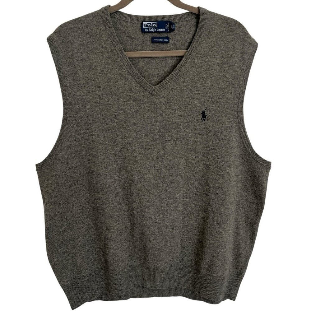 Polo Ralph Lauren Mens Merino Wool Sweater Vest XXL Grey V-Neck Vtg 90s Preppy